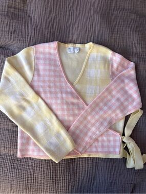 Pastel Pink & Yellow Gingham Wrap Sweater Cardigan